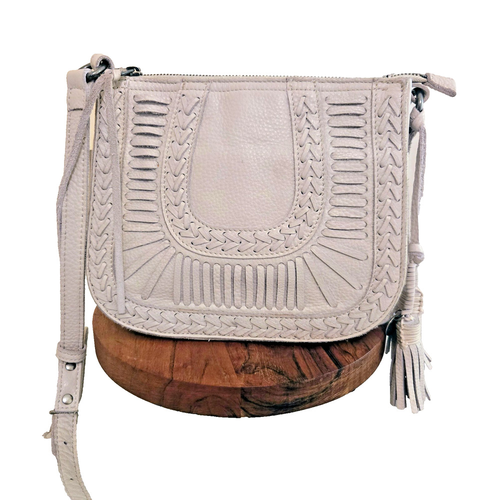 The Sak Stone colored Leather Saddle Bag Intricate Detail Handbag Purse